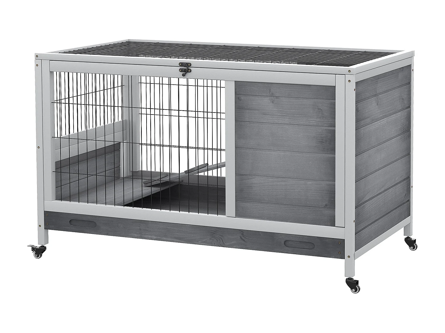 Conigliera in legno con 4 ruote, casetta per conigli e rampa grigio