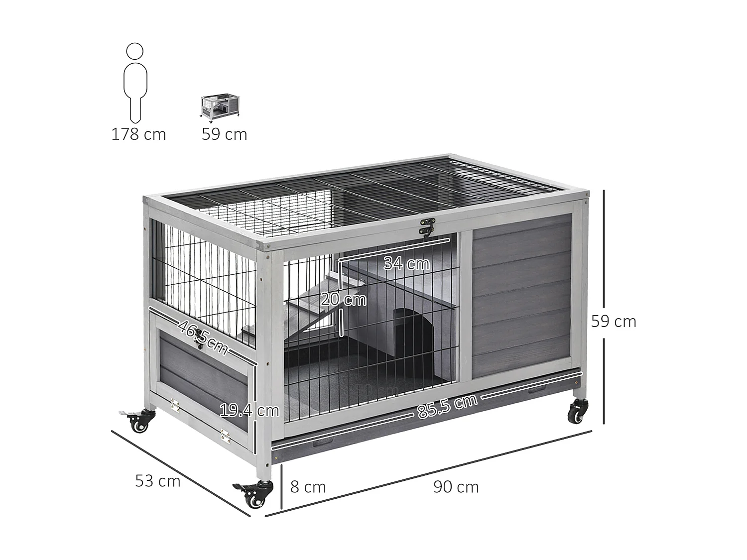 Conigliera in legno con 4 ruote, casetta per conigli e rampa grigio
