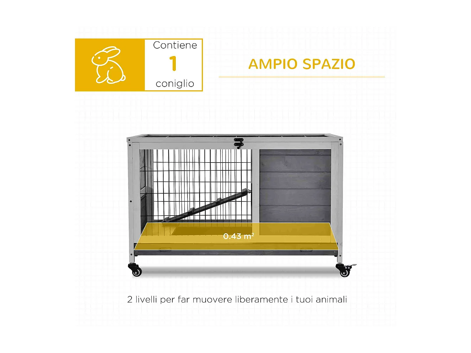 Conigliera in legno con 4 ruote, casetta per conigli e rampa grigio