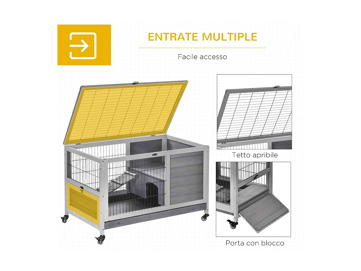 Conigliera in legno con 4 ruote, casetta per conigli e rampa grigio