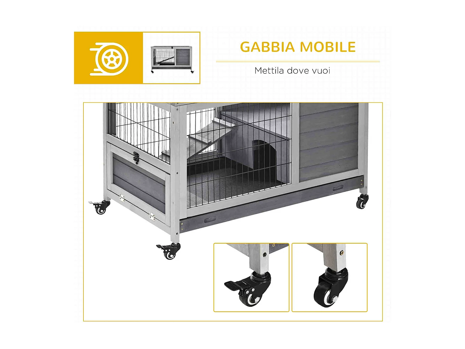 Conigliera in legno con 4 ruote, casetta per conigli e rampa grigio