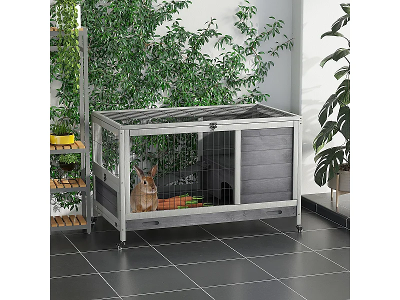 Conigliera in legno con 4 ruote, casetta per conigli e rampa grigio