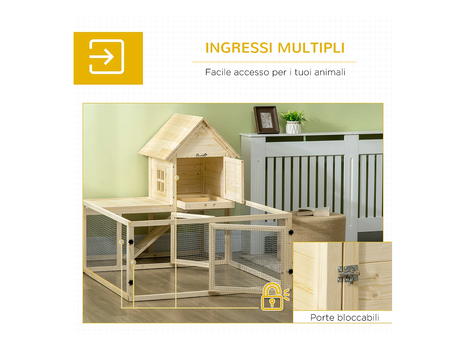 Conigliera per interno a 3 porte con vassoio estraibile e area esterna