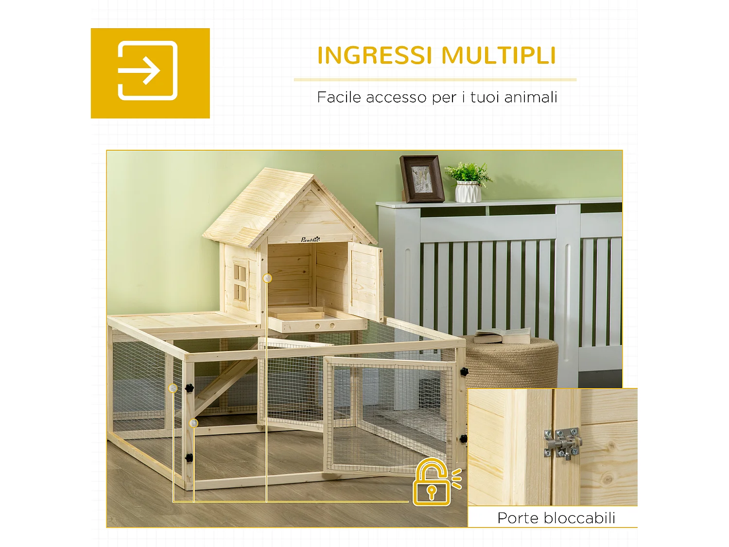 Conigliera per interno a 3 porte con vassoio estraibile e area esterna