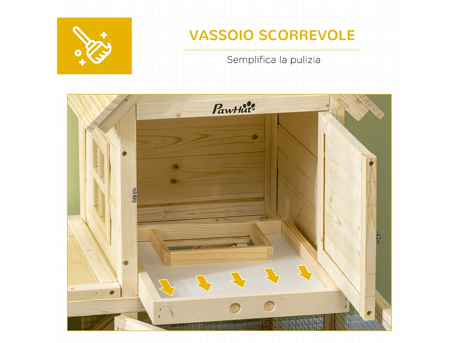 Conigliera per interno a 3 porte con vassoio estraibile e area esterna