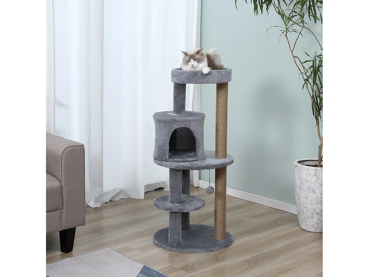 Albero tiragraffi grigio per 1-2 gatti con cuccia lettino e palo in corda