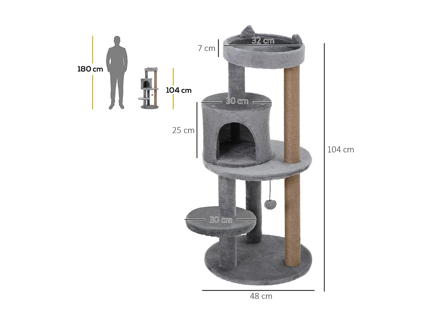 Albero tiragraffi grigio per 1-2 gatti con cuccia lettino e palo in corda