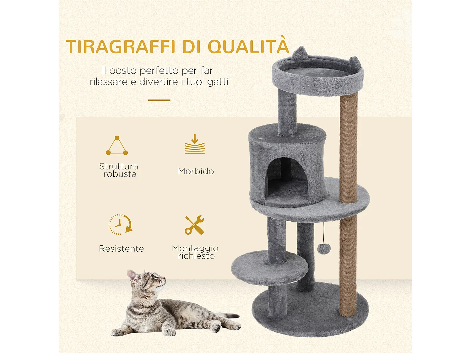 Albero tiragraffi grigio per 1-2 gatti con cuccia lettino e palo in corda