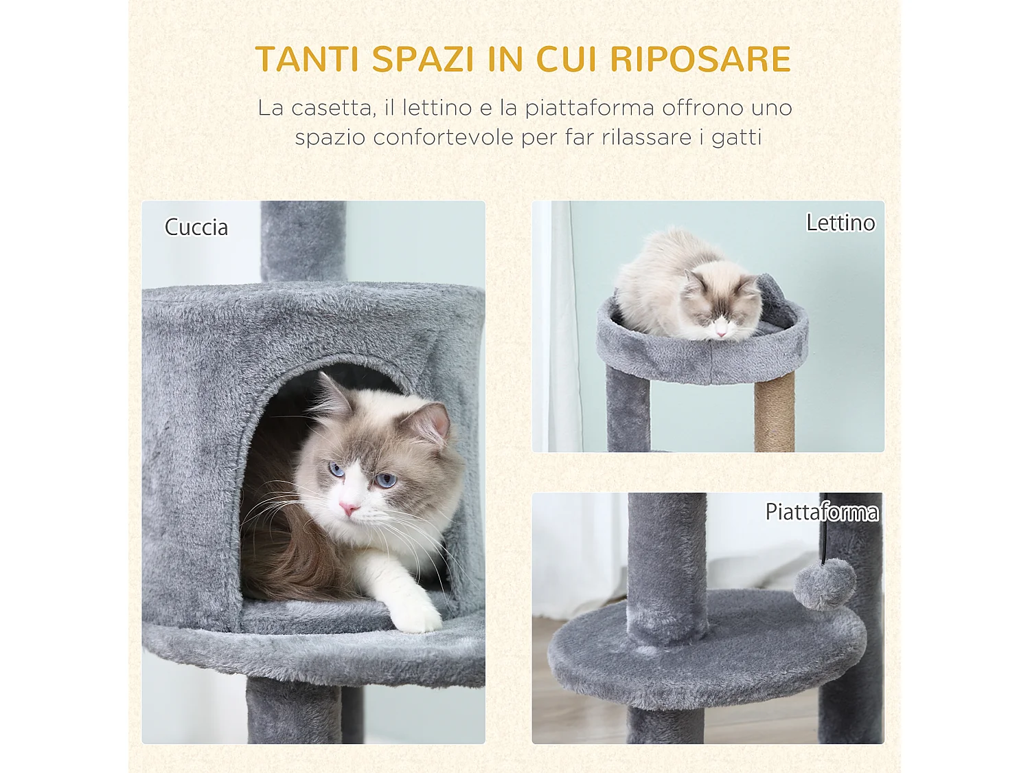 Albero tiragraffi grigio per 1-2 gatti con cuccia lettino e palo in corda