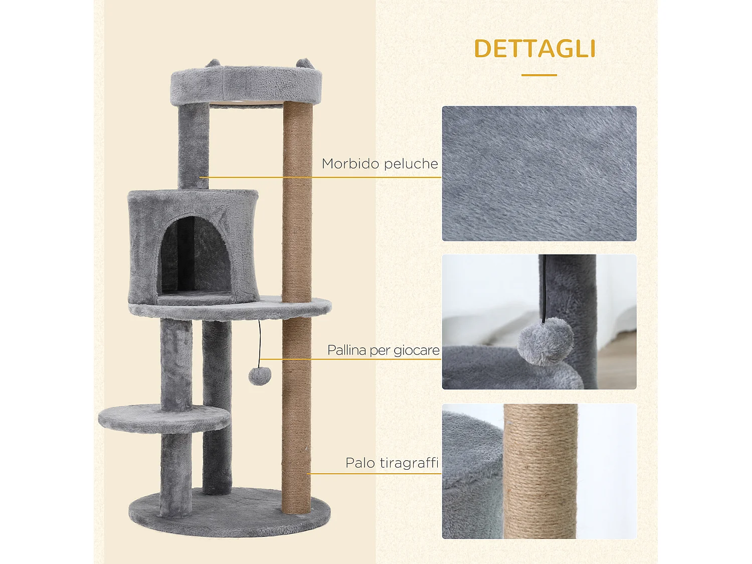 Albero tiragraffi grigio per 1-2 gatti con cuccia lettino e palo in corda