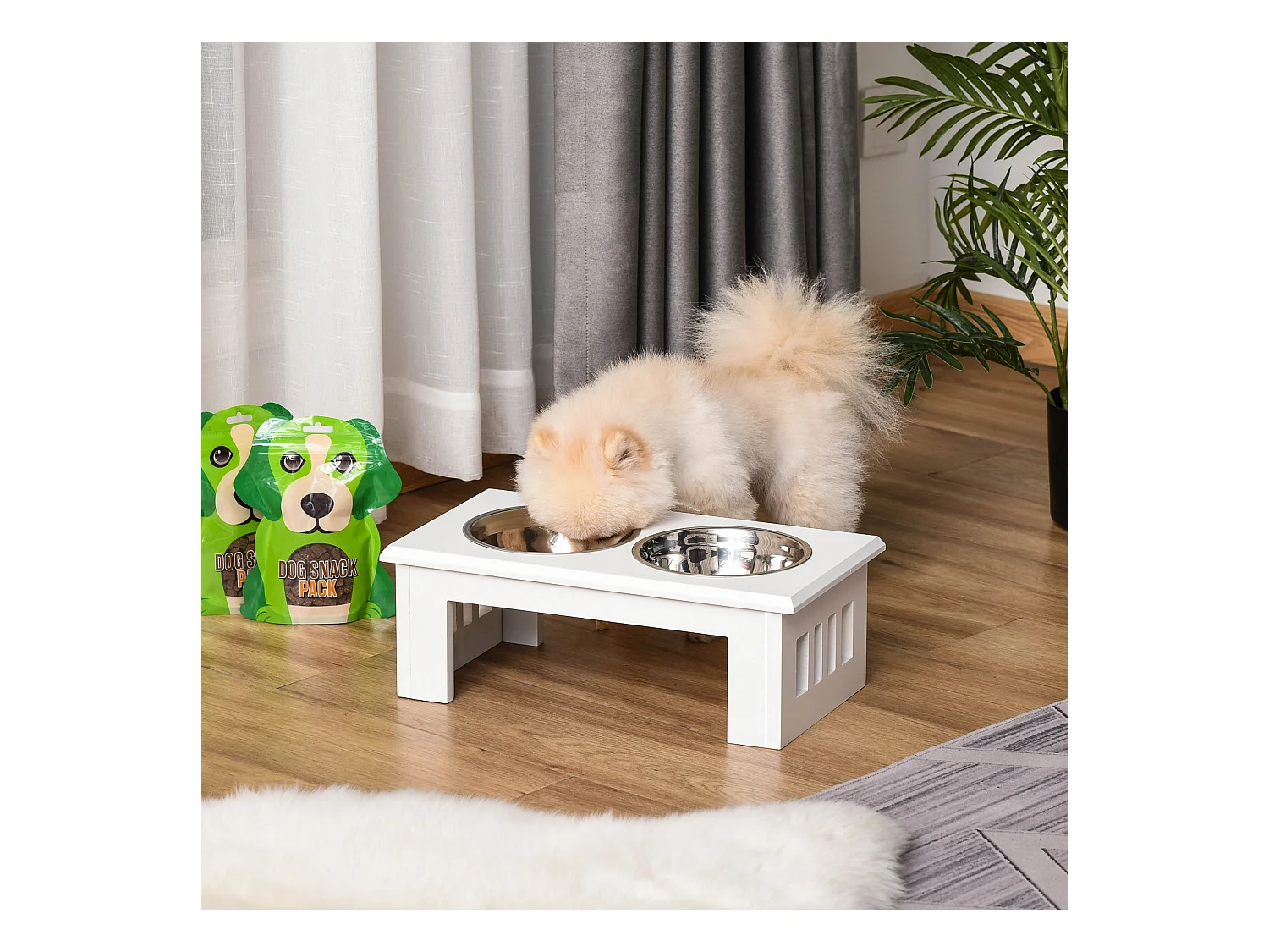 Ciotole rialzate per cani piccoli e taglia media in acciaio e mdf bianco