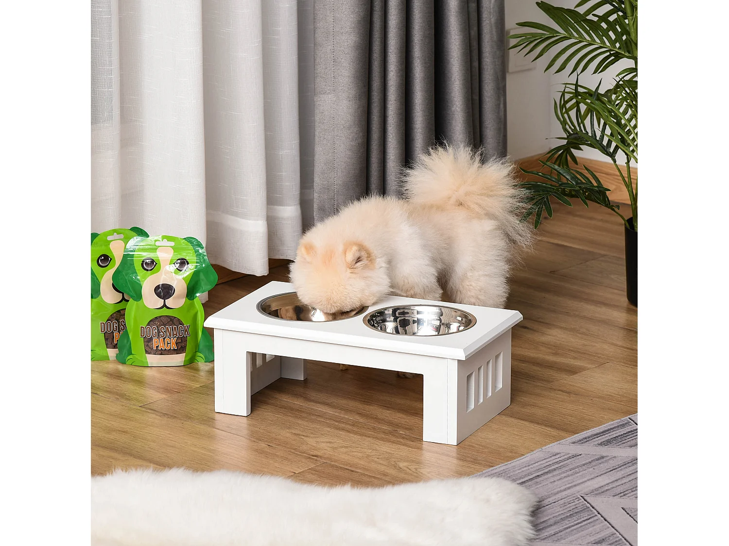 Ciotole rialzate per cani piccoli e taglia media in acciaio e mdf bianco