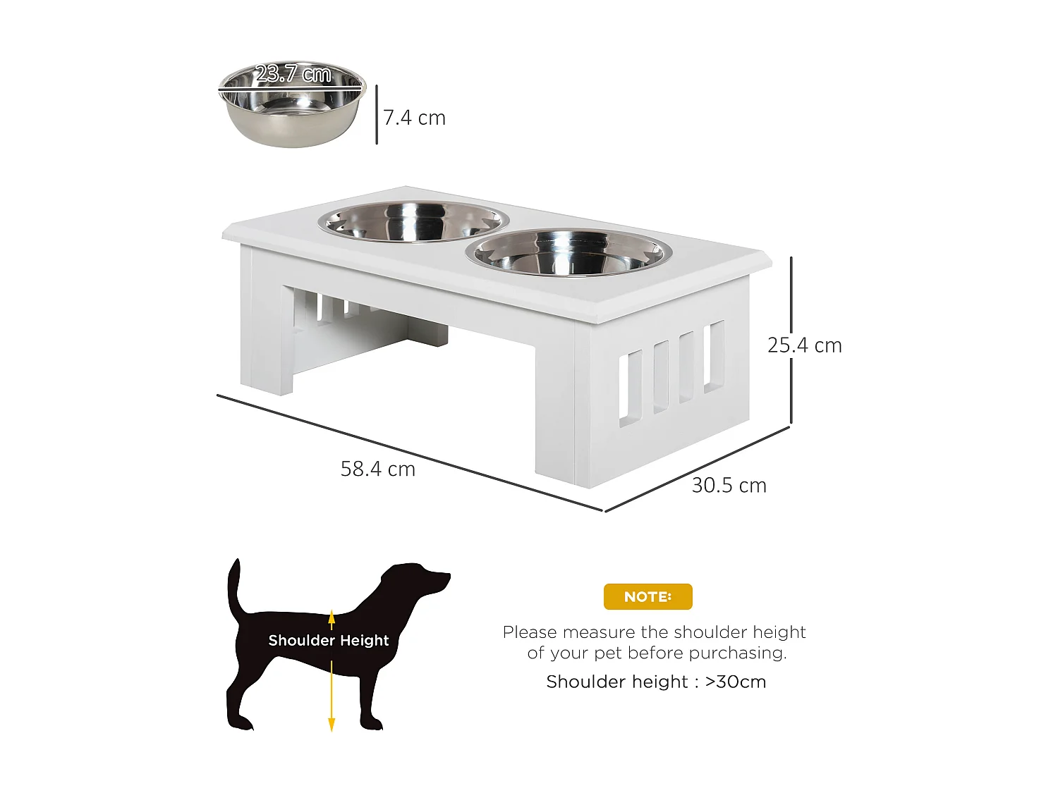 Ciotole rialzate per cani piccoli e taglia media in acciaio e mdf bianco