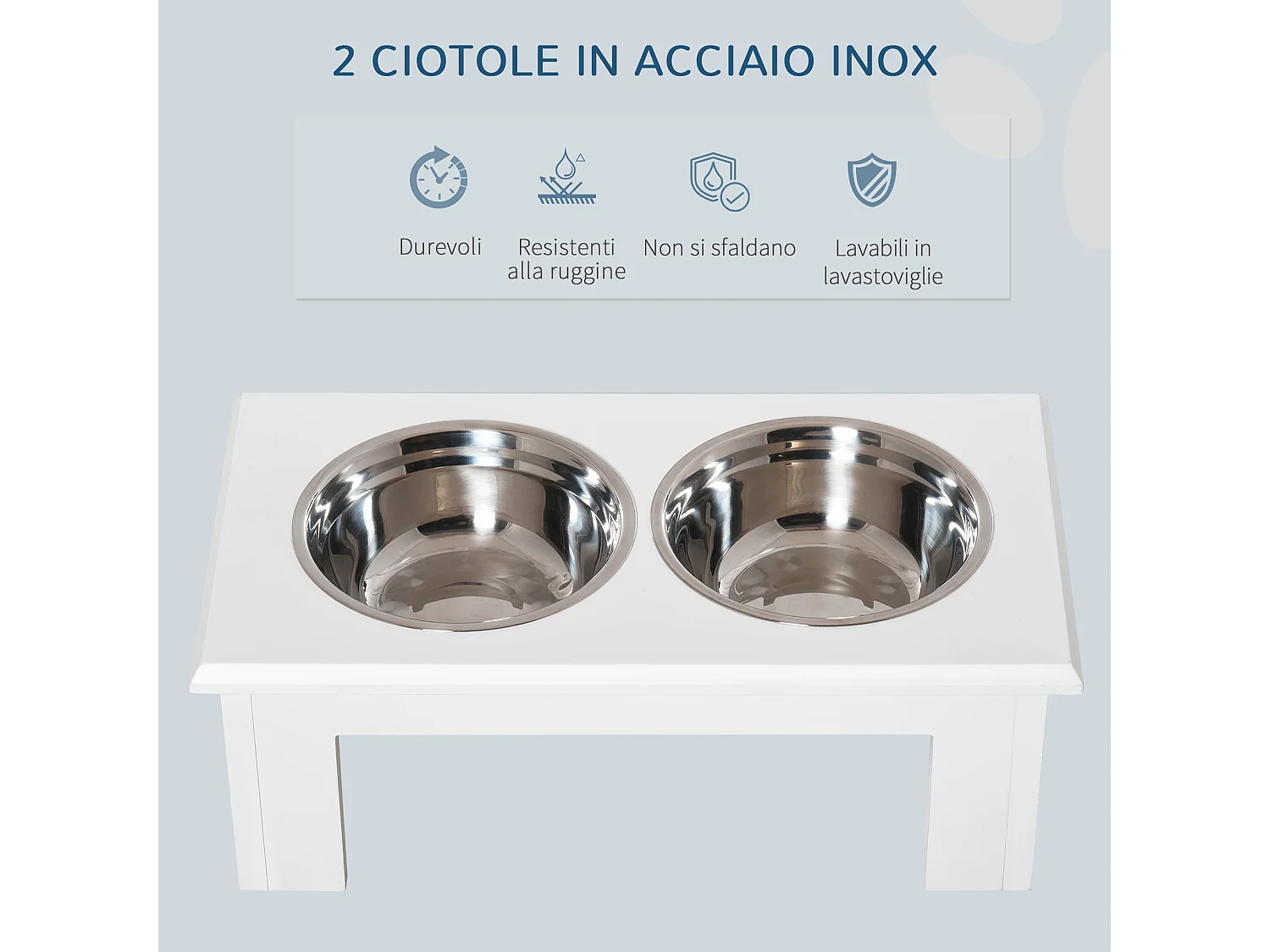 Ciotole rialzate per cani piccoli e taglia media in acciaio e mdf bianco