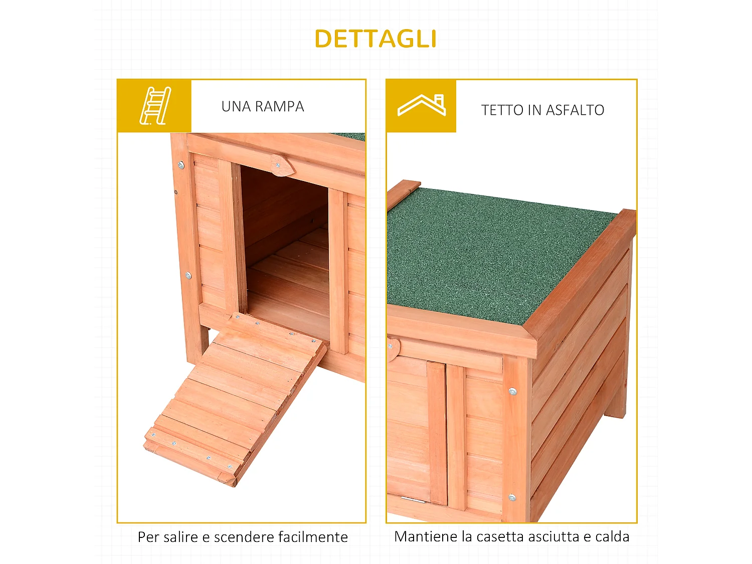 Gabbia per conigli con tetto in asfalto e rampa di accesso antiscivolo