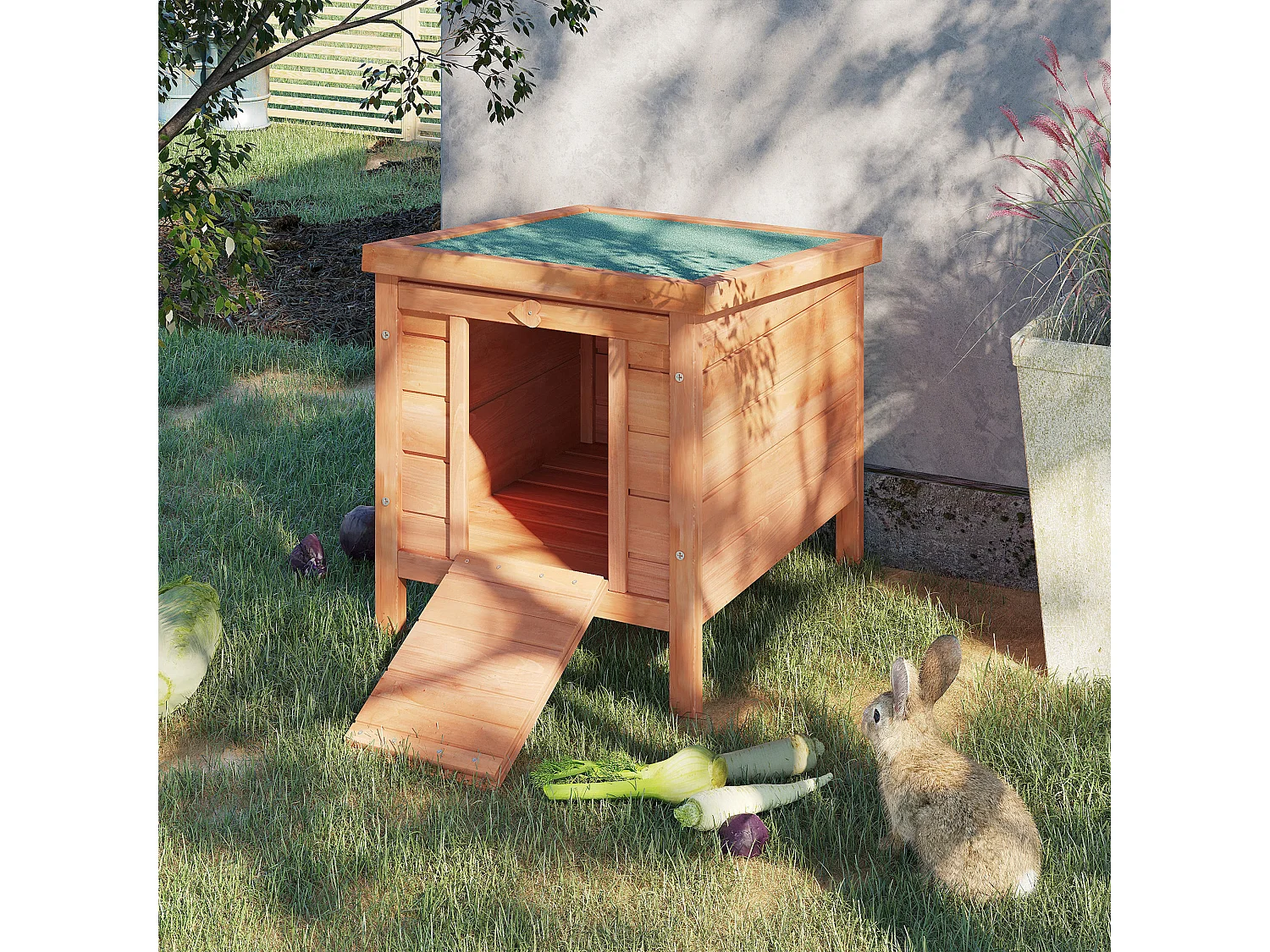 Gabbia per conigli con tetto in asfalto e rampa di accesso antiscivolo