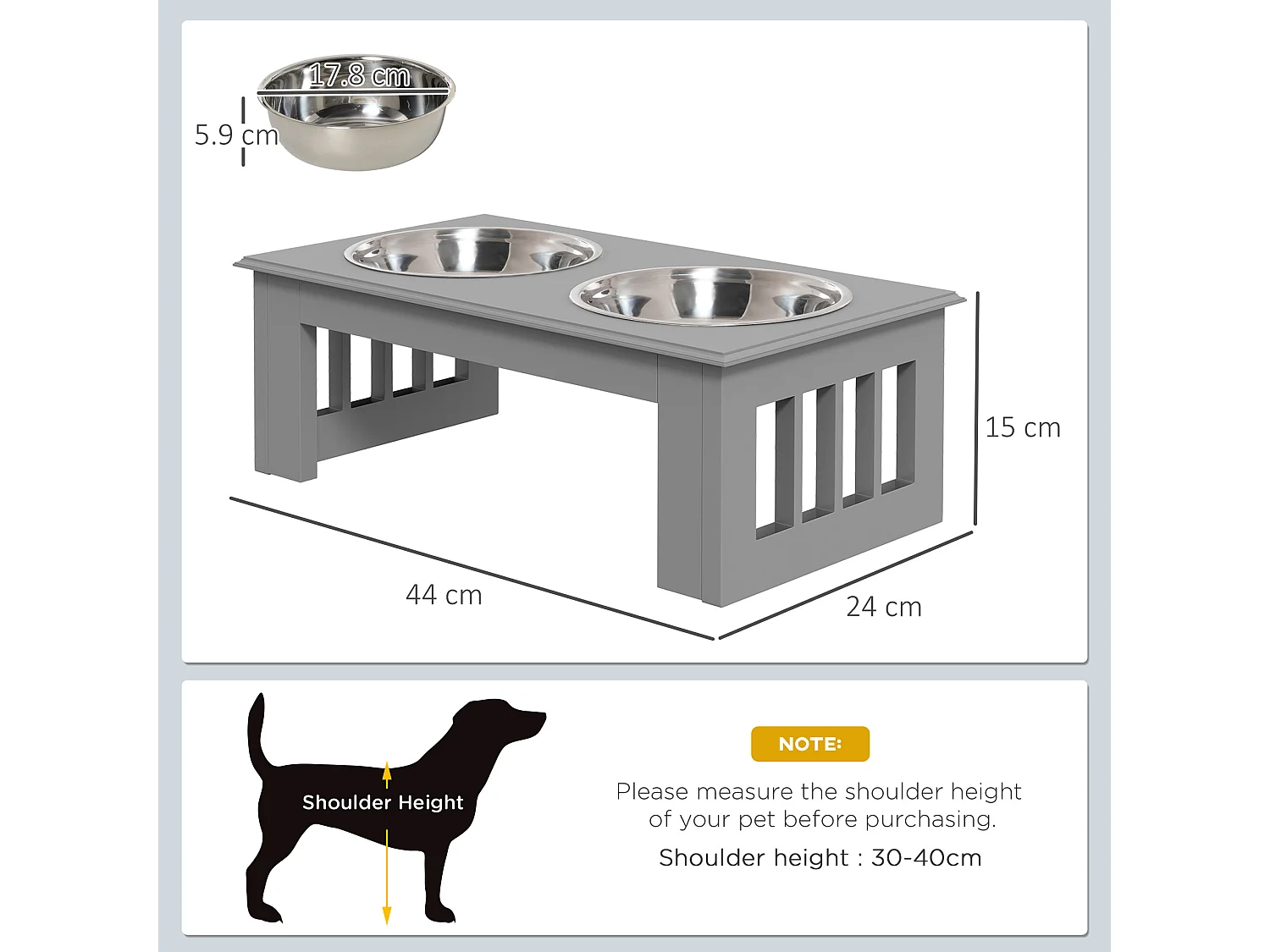 Ciotola rialzata per cani in acciaio inossidabile 2 scodelle grigio