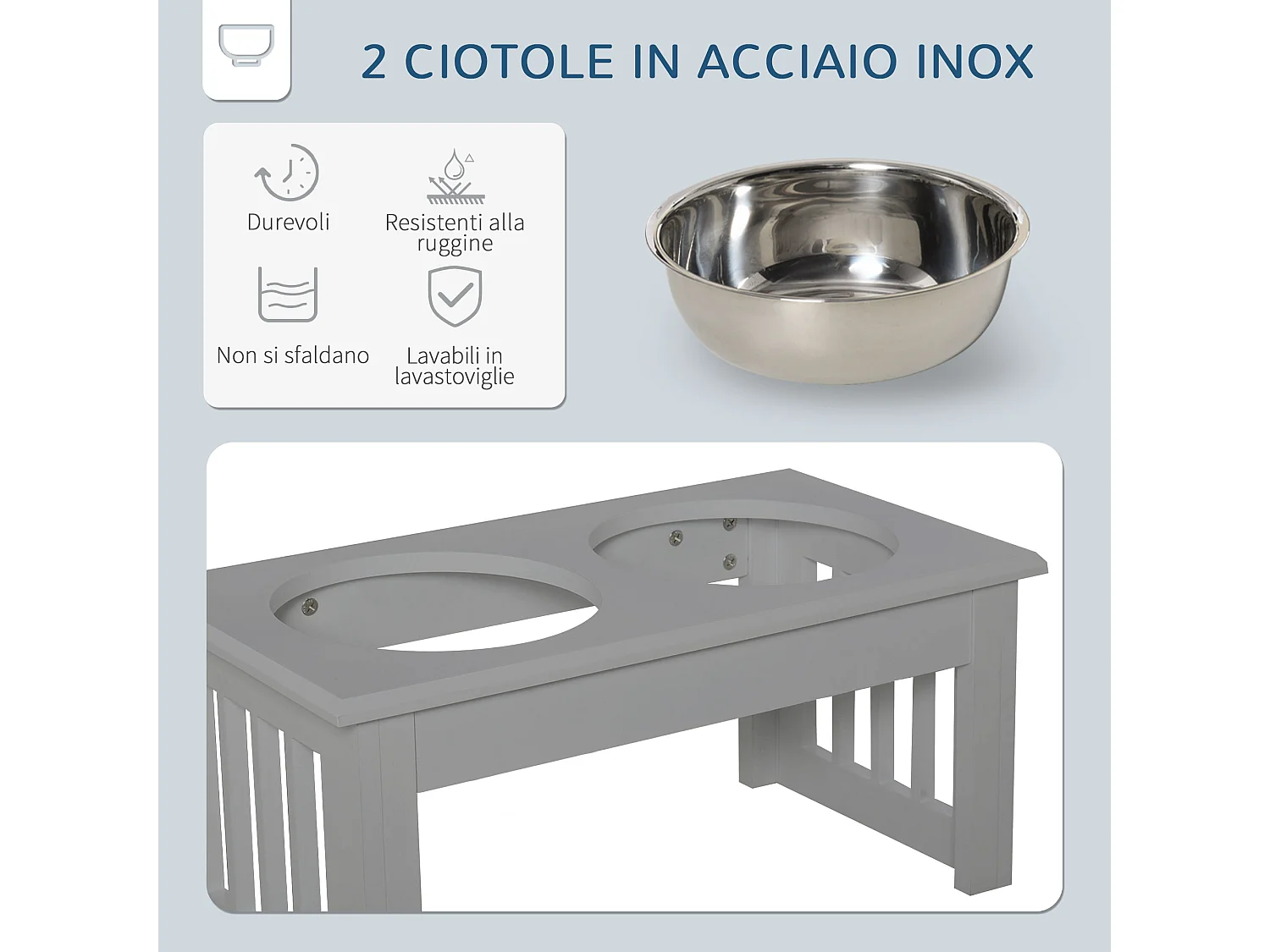 Ciotola rialzata per cani in acciaio inossidabile 2 scodelle grigio