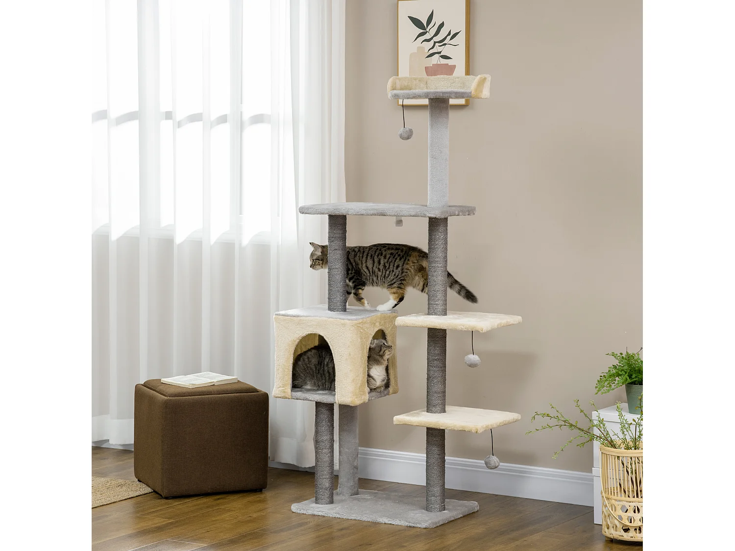 Tiragraffi per gatti alto 156cm con lettino, casetta e pali in sisal