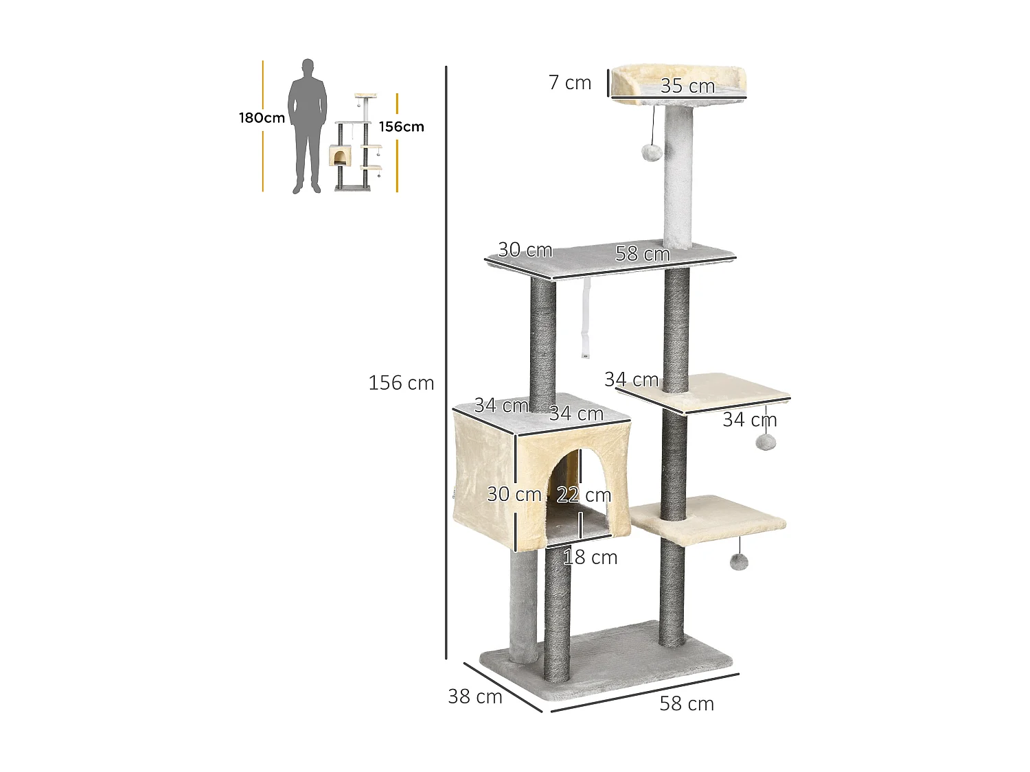 Tiragraffi per gatti alto 156cm con lettino, casetta e pali in sisal