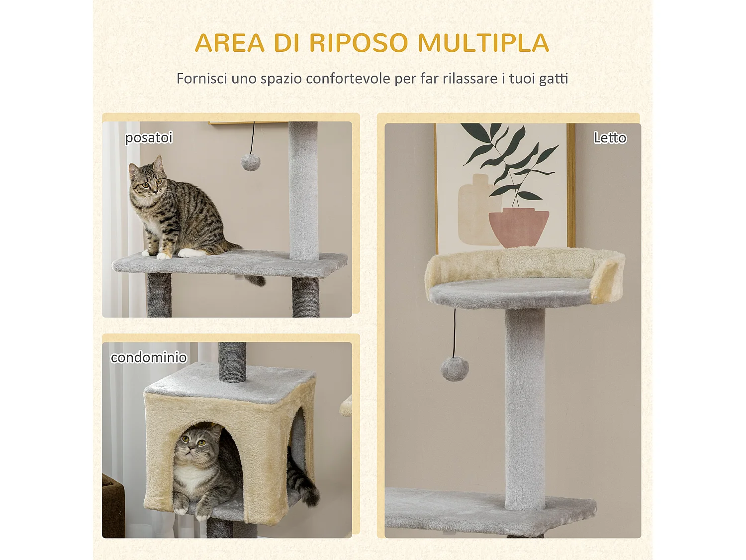 Tiragraffi per gatti alto 156cm con lettino, casetta e pali in sisal