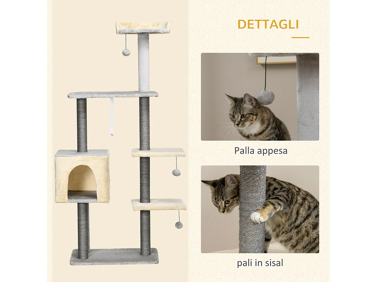 Tiragraffi per gatti alto 156cm con lettino, casetta e pali in sisal