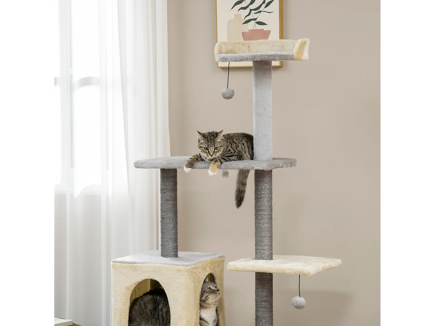 Tiragraffi per gatti alto 156cm con lettino, casetta e pali in sisal