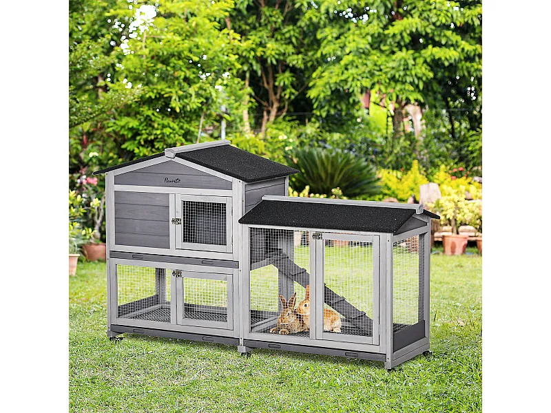 Conigliera a 2 livelli in legno e rete protettiva 157.4x53x99.5cm grigio