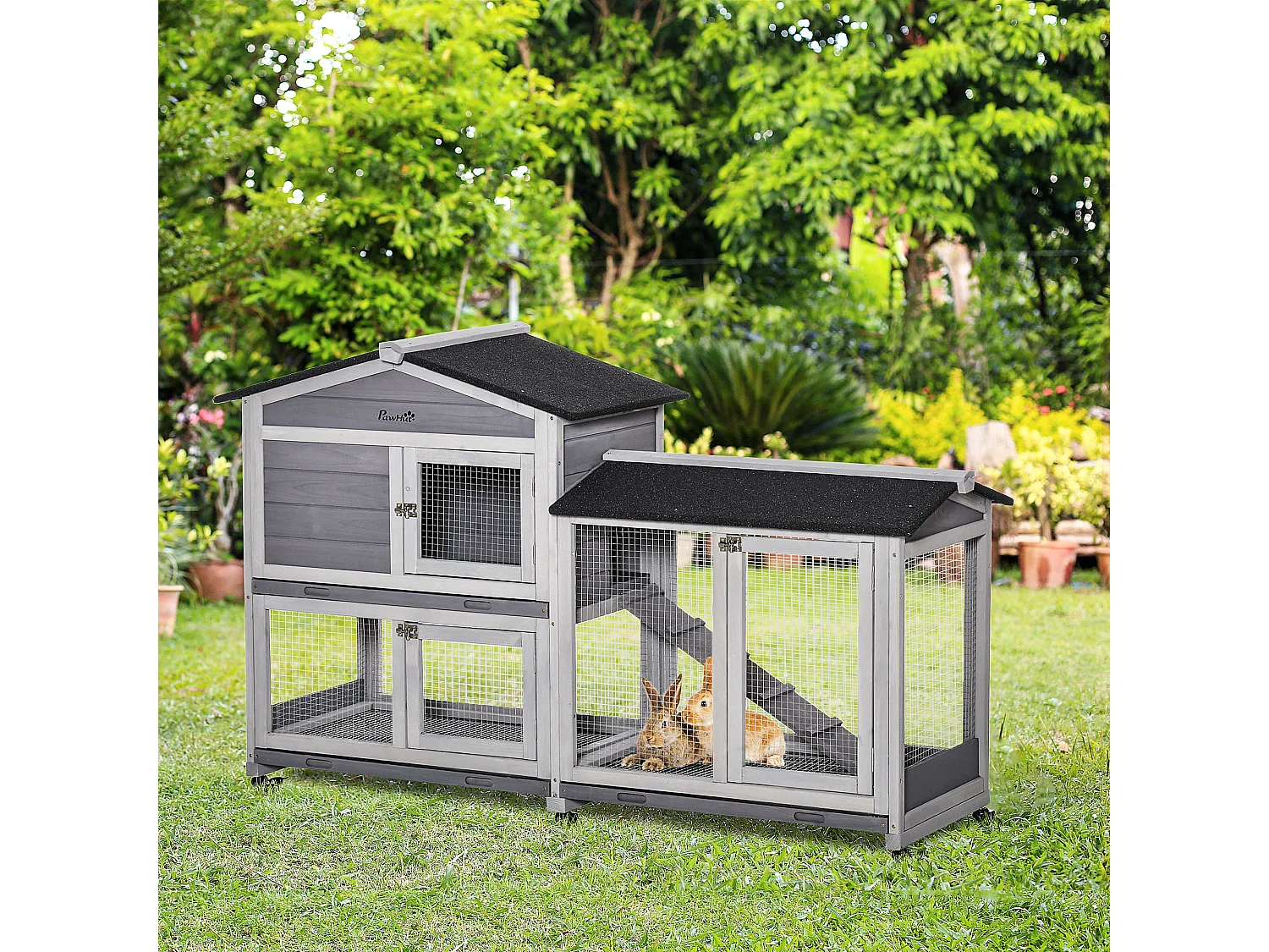 Conigliera a 2 livelli in legno e rete protettiva 157.4x53x99.5cm grigio