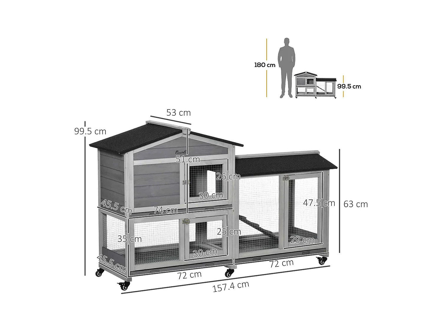Conigliera a 2 livelli in legno e rete protettiva 157.4x53x99.5cm grigio