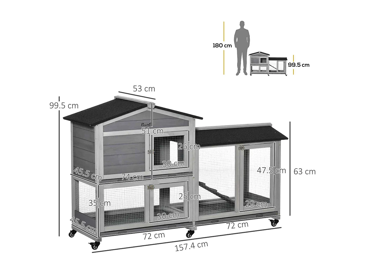Conigliera a 2 livelli in legno e rete protettiva 157.4x53x99.5cm grigio