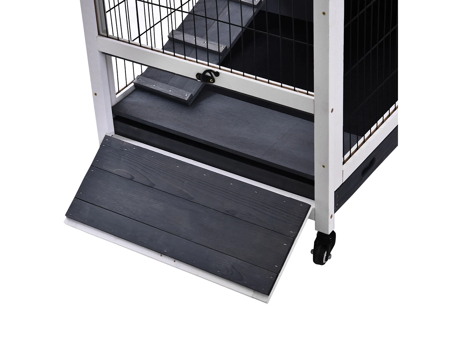 Gabbia per conigli e porcellini d'india, 4 ruote, casetta e rampa, legno