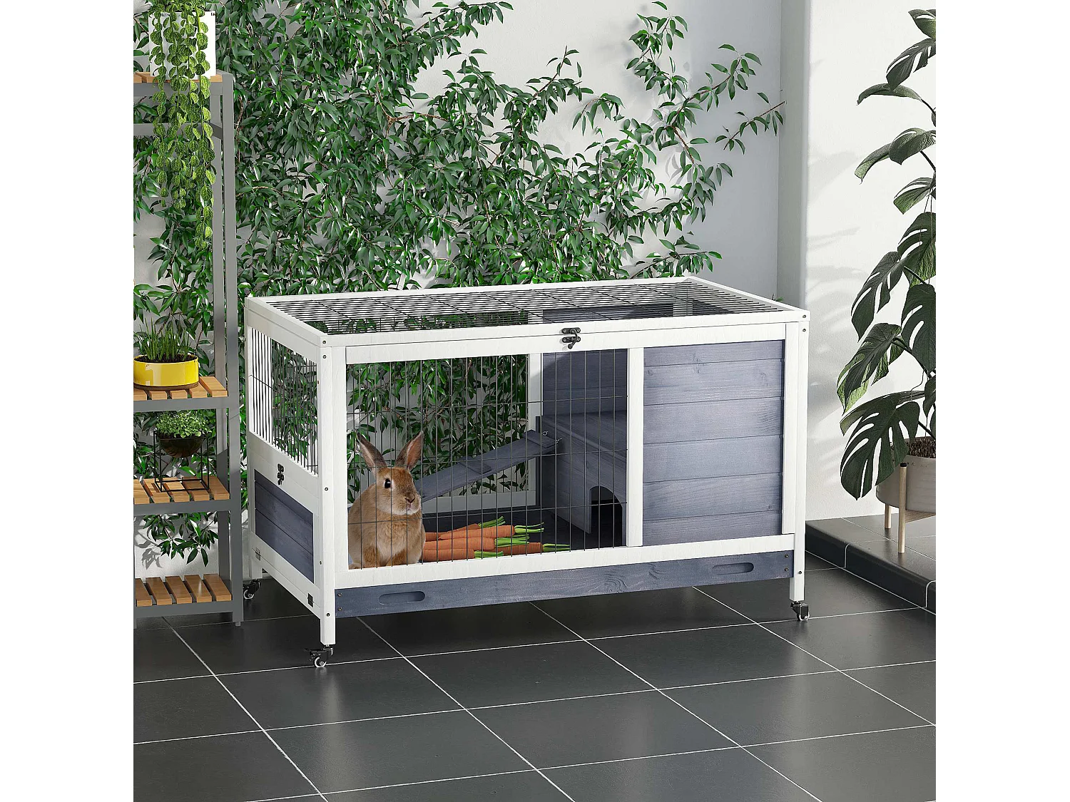 Gabbia per conigli e porcellini d'india, 4 ruote, casetta e rampa, legno