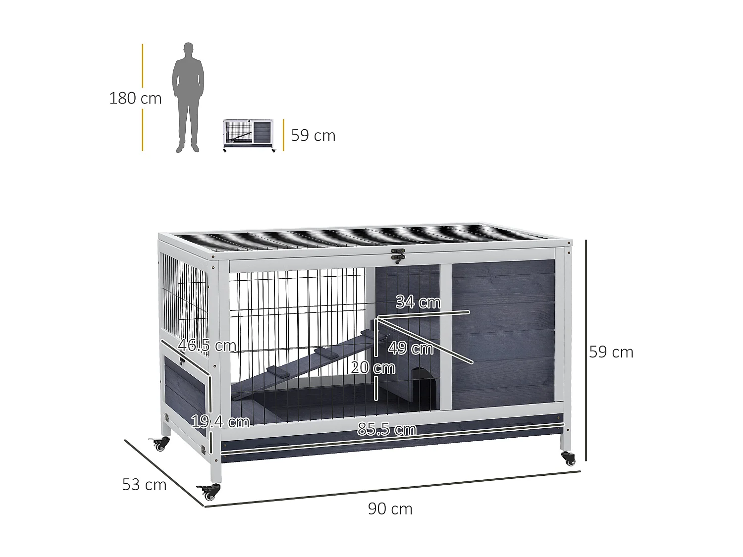 Gabbia per conigli e porcellini d'india, 4 ruote, casetta e rampa, legno