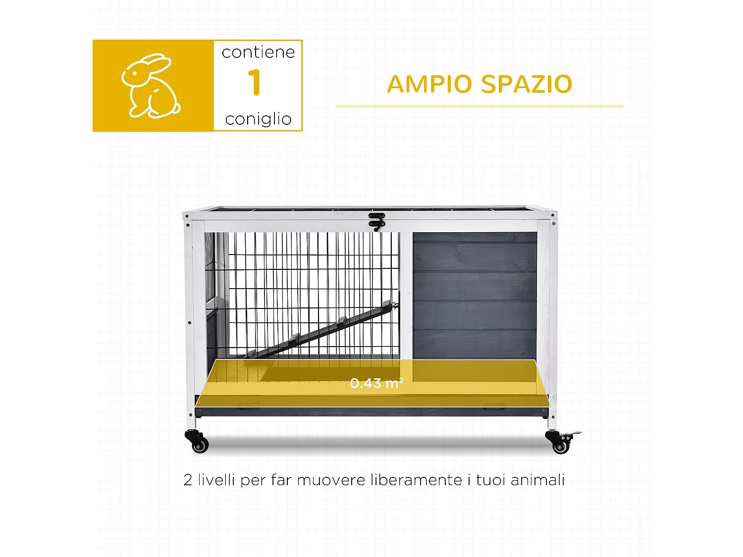 Gabbia per conigli e porcellini d'india, 4 ruote, casetta e rampa, legno