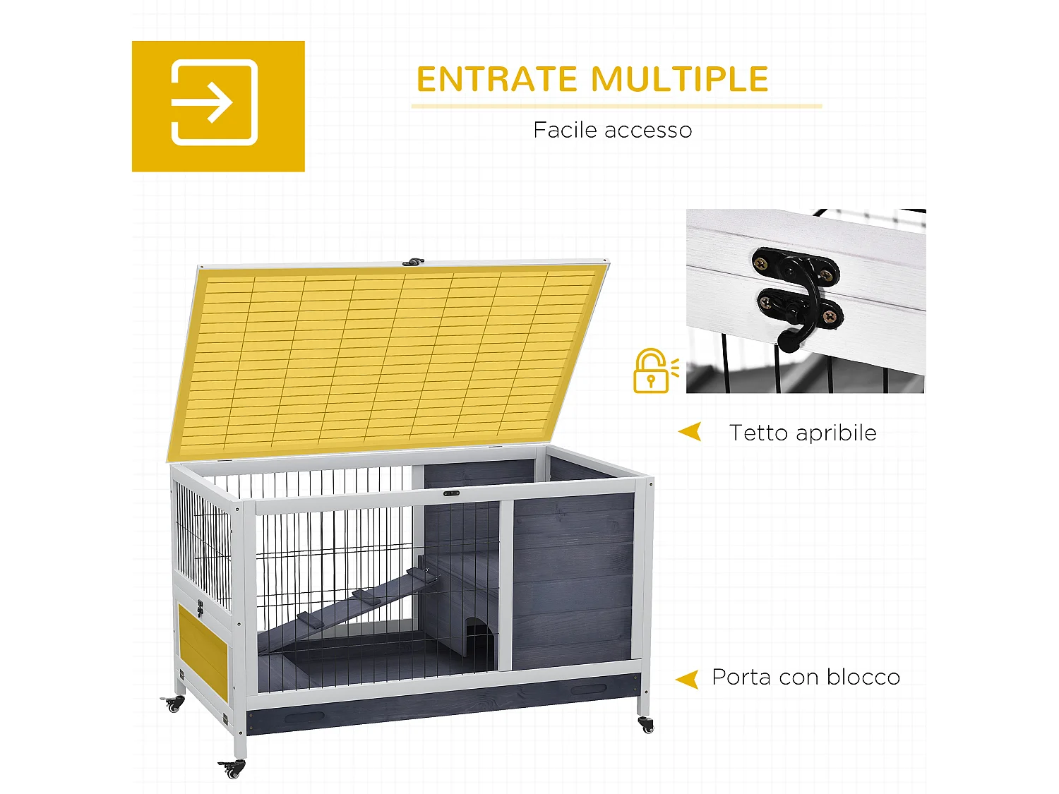 Gabbia per conigli e porcellini d'india, 4 ruote, casetta e rampa, legno