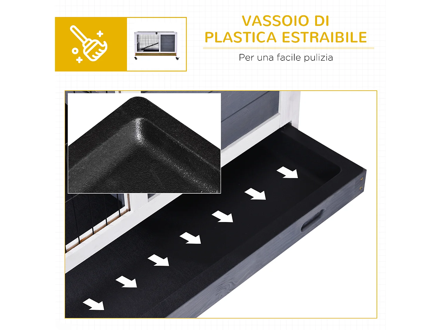 Gabbia per conigli e porcellini d'india, 4 ruote, casetta e rampa, legno