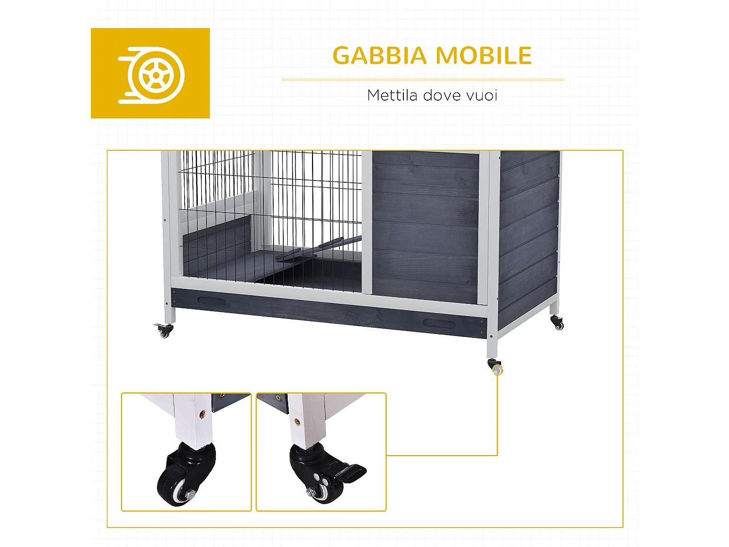 Gabbia per conigli e porcellini d'india, 4 ruote, casetta e rampa, legno