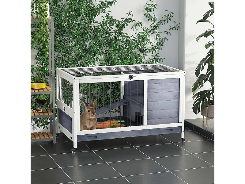 Gabbia per conigli e porcellini d'india, 4 ruote, casetta e rampa, legno