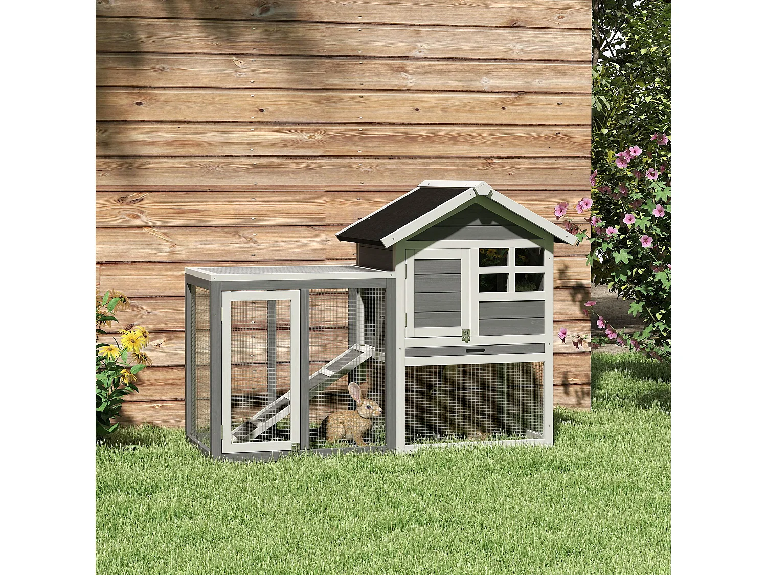 Gabbia per conigli e roditori conigliera da esterno in legno grigio