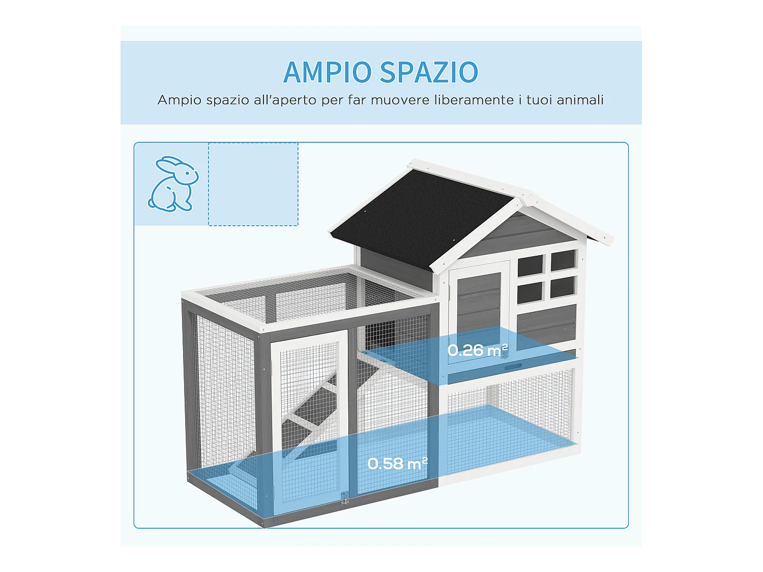 Gabbia per conigli e roditori conigliera da esterno in legno grigio