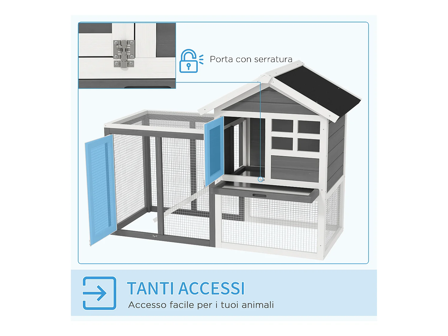 Gabbia per conigli e roditori conigliera da esterno in legno grigio