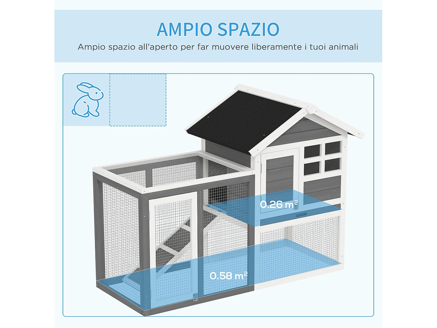 Gabbia per conigli e roditori conigliera da esterno in legno grigio