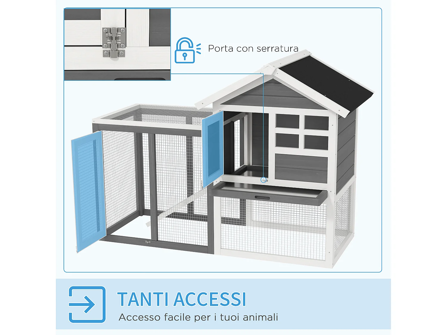 Gabbia per conigli e roditori conigliera da esterno in legno grigio