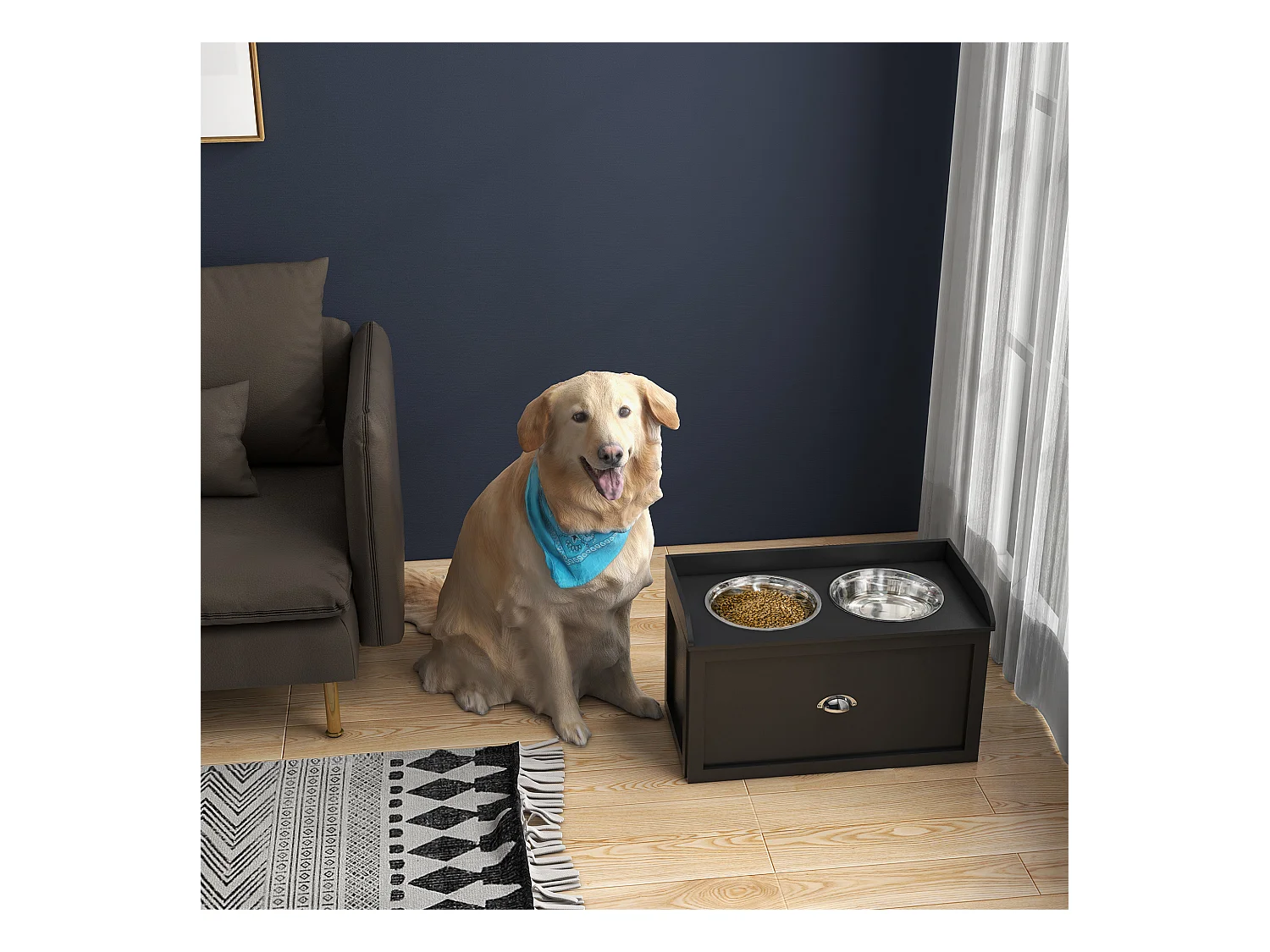 Ciotole per cani rialzate in acciaio e legno con cassetto 60x30x36cm nero