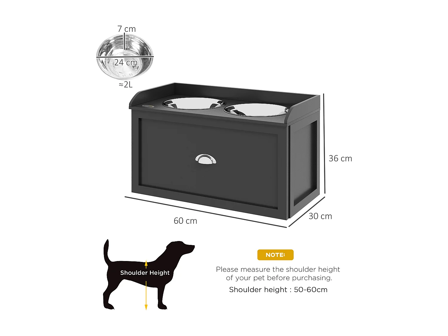 Ciotole per cani rialzate in acciaio e legno con cassetto 60x30x36cm nero