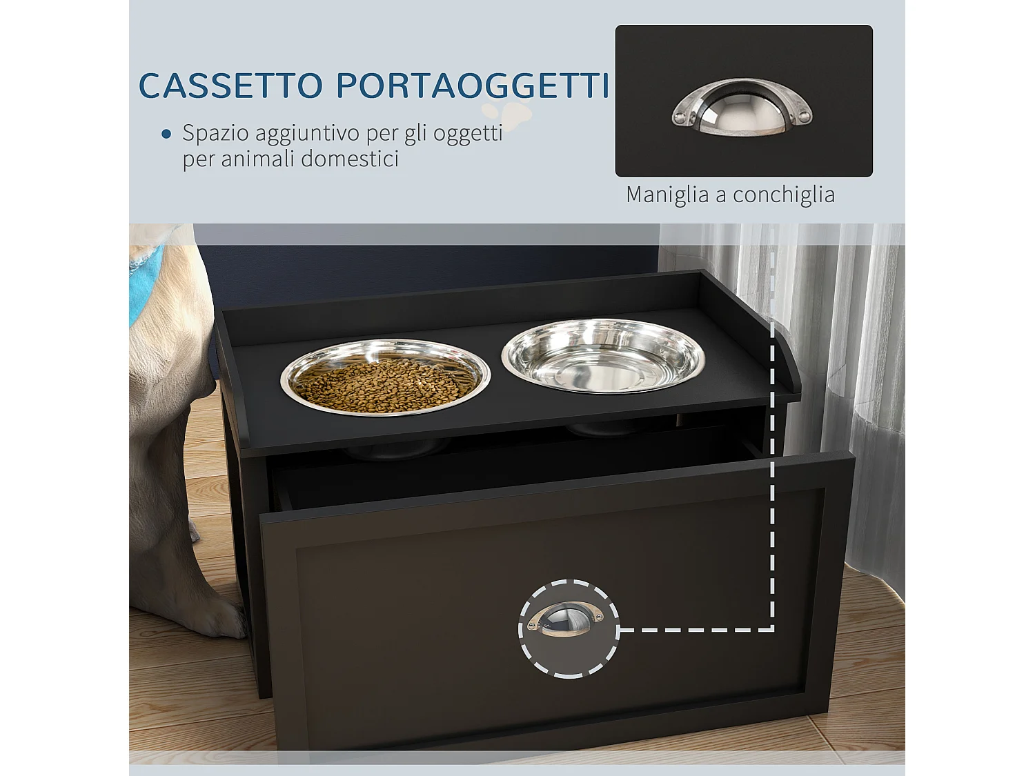 Ciotole per cani rialzate in acciaio e legno con cassetto 60x30x36cm nero
