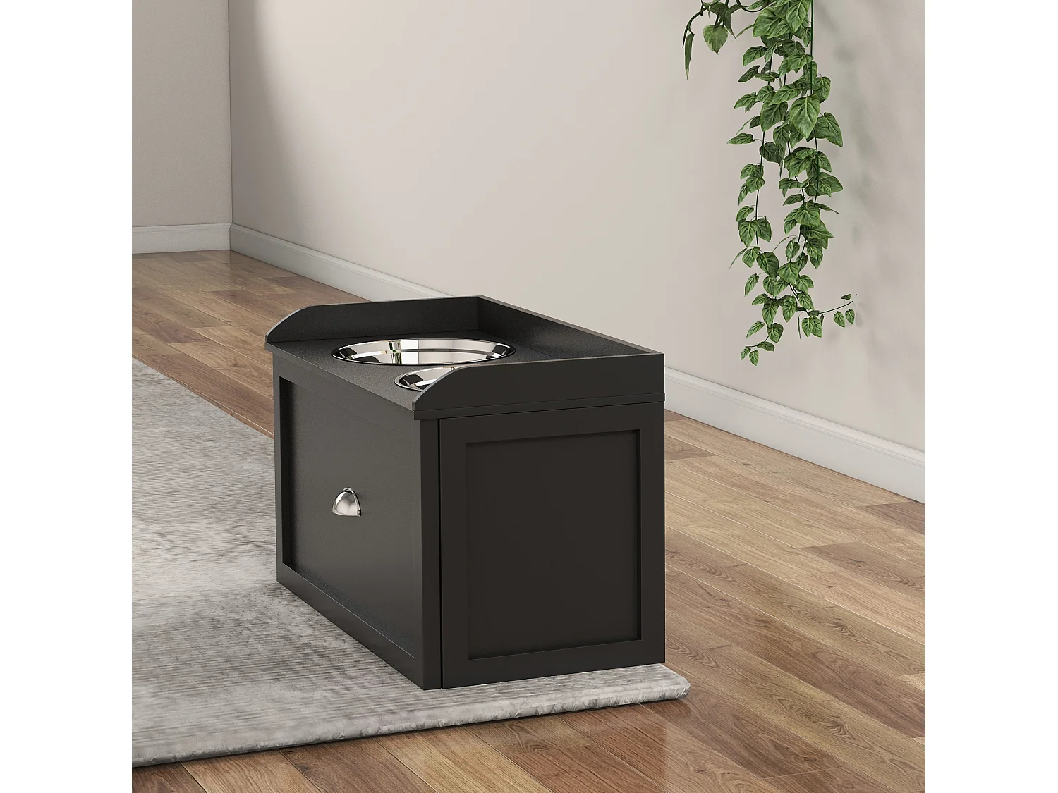 Ciotole per cani rialzate in acciaio e legno con cassetto 60x30x36cm nero