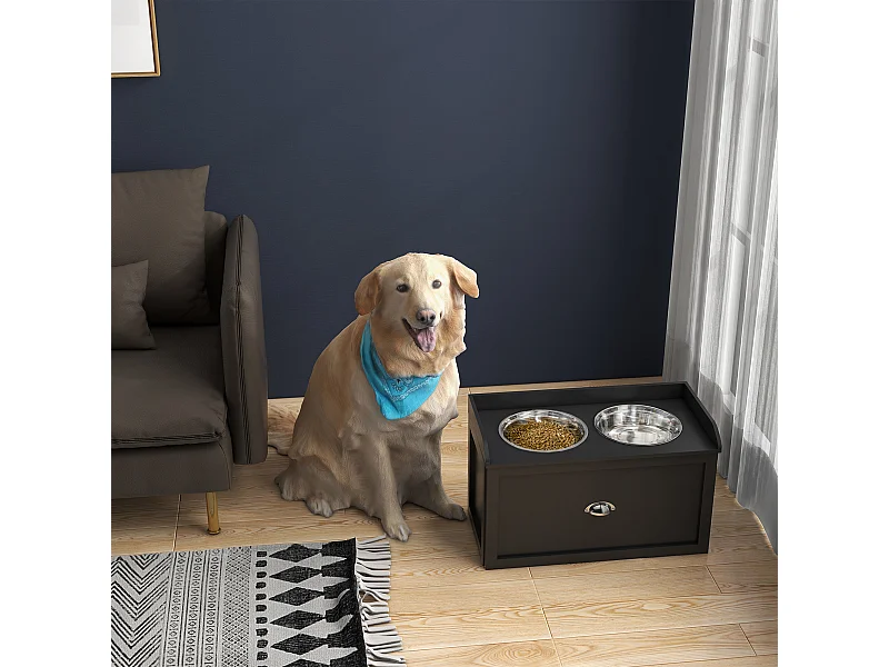 Ciotole per cani rialzate in acciaio e legno con cassetto 60x30x36cm nero