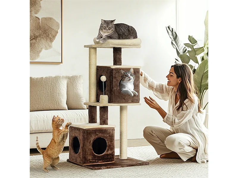 Albero tiragraffi per gatti con 2 casette e lettino in legno multicolore